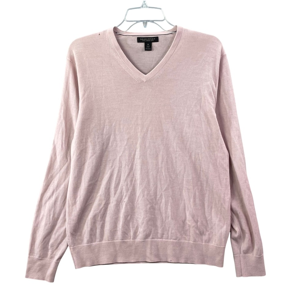 Banana Republic V-Neck Sweater Women M Pink Merino Wool Long Sleeve Knit Top‎